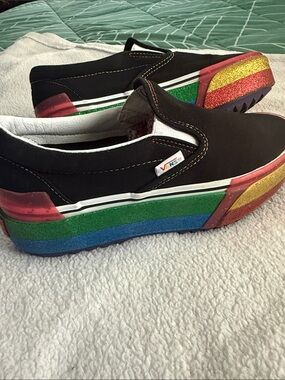 Vans Black Slip-On Sneakers with Rainbow Glitter Platform